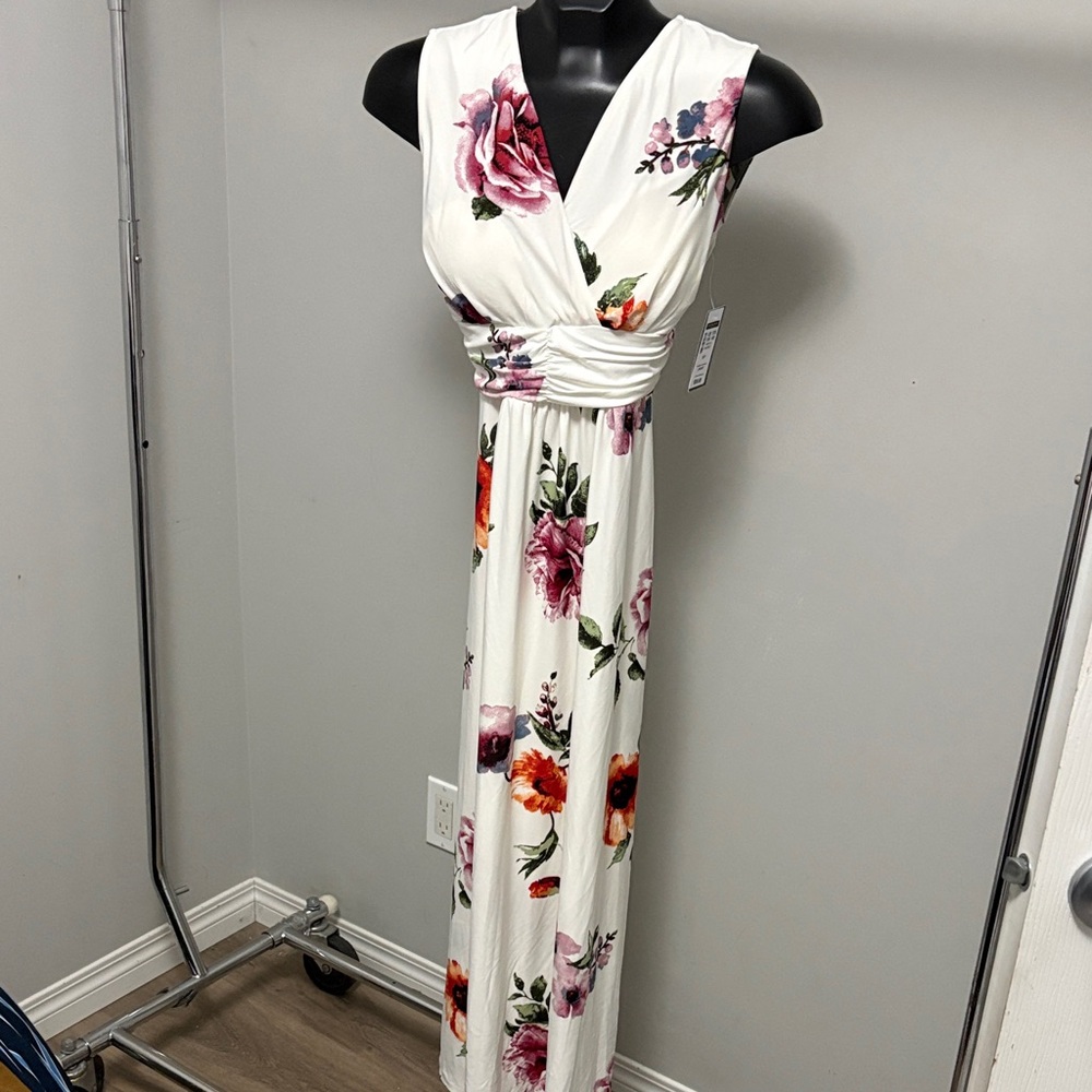 Floral Maxi Dress - White with Pink and Orange Accents